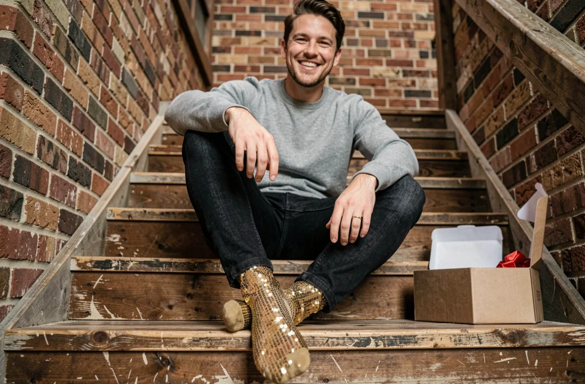 Jeune homme souriant montrant ses chaussettes paillettes dorées assis sur des marches en bois avec un coffret cadeau ouvert à ses côtés