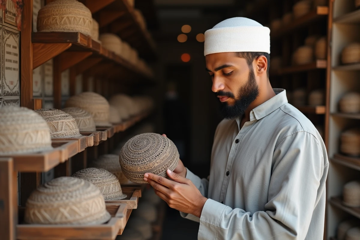 Jeune homme musulman examinant des chapeaux kufi artisanaux dans un marché de l'artisanat islamique traditionnel