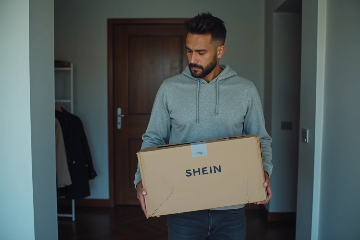 Homme tenant un colis endommagé reçu via transporteur SHEIN dans l'entrée de son appartement