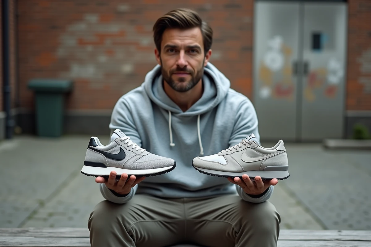Homme comparant deux modèles de Nike dans un espace urbain, chaussure tendance contre classique