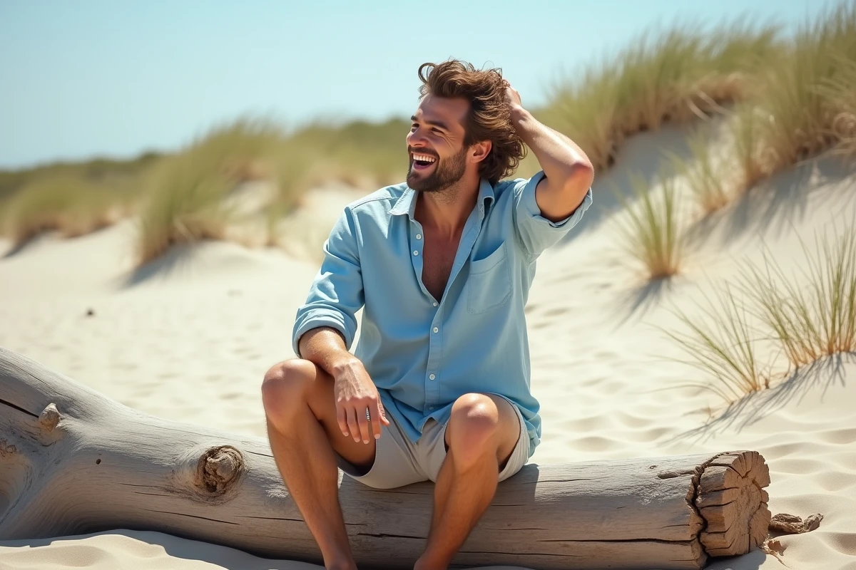Homme détendu assis sur un bois flotté à la plage
