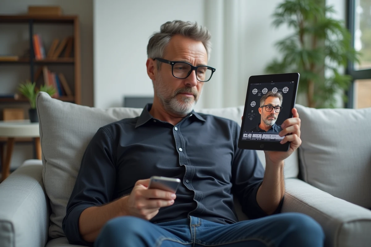 Homme testant une application d'essayage de lunettes en ligne sur tablette dans son salon moderne