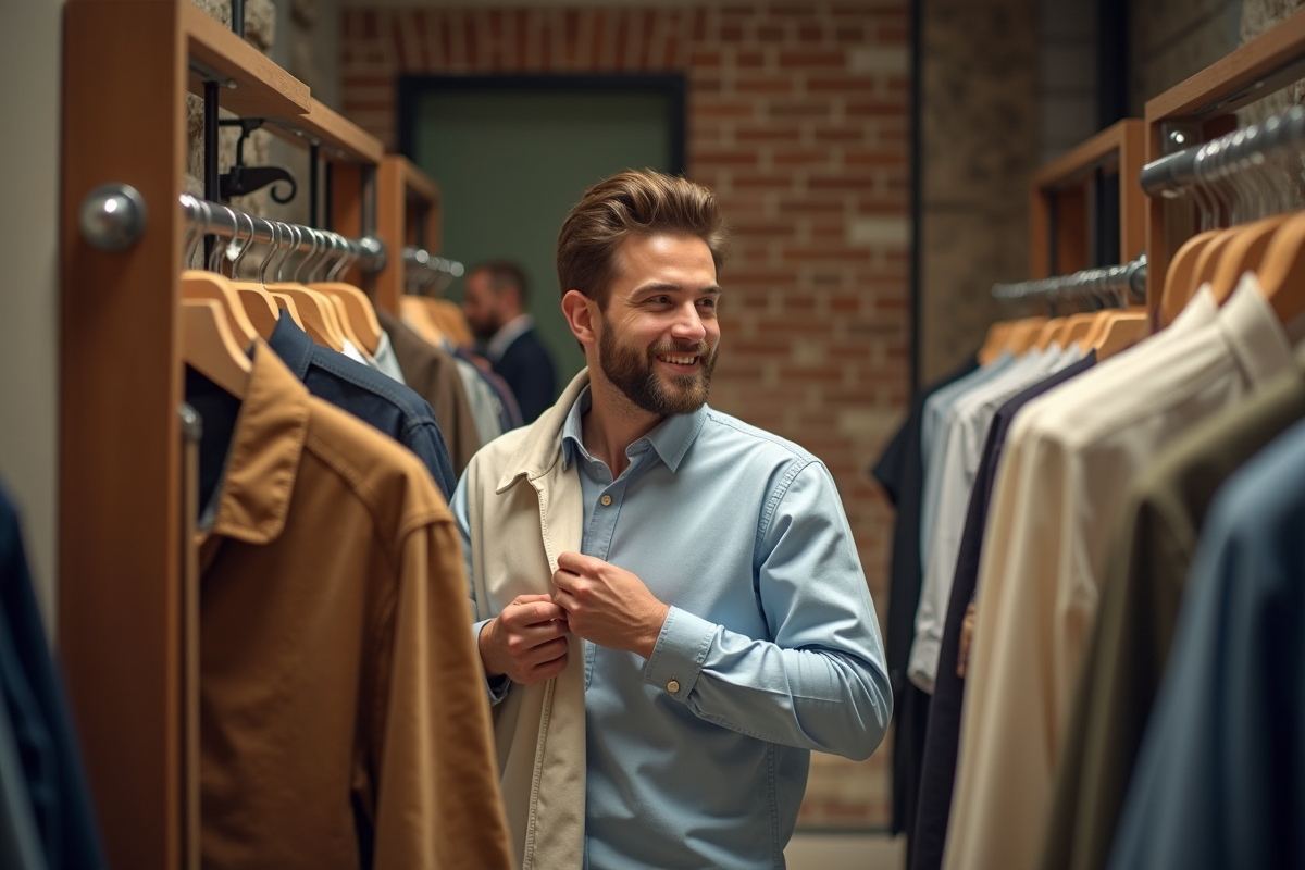Jeune homme essayant des chemises dans une boutique