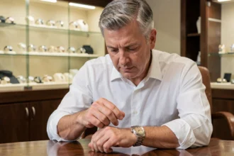 Homme examinant une Rolex Datejust d'occasion chez un revendeur agréé