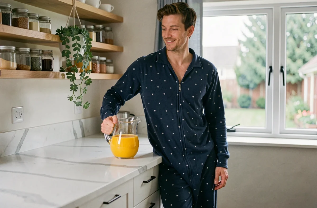 Homme en grenouillère bleue étoilée dans une cuisine lumineuse se servant un jus d'orange le matin