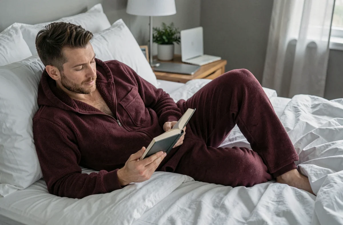 Homme en pyjama grenouillère bordeaux allongé sur un lit blanc en train de lire un livre