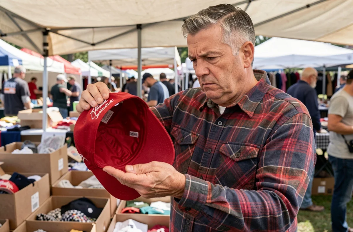 Homme inspectant une casquette America Great Again à un marché aux puces en vérifiant la qualité de la broderie