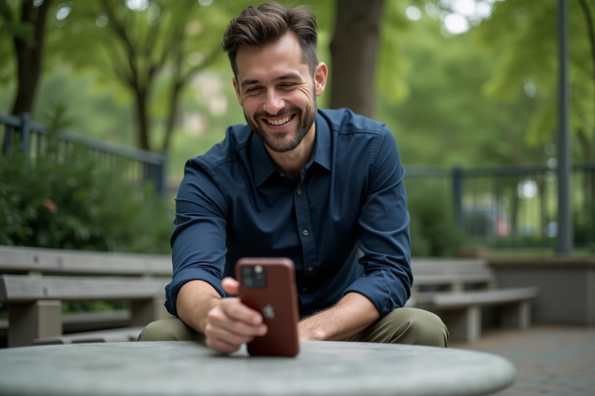 Homme posant son iPhone 15 Pro en cuir marron dans un parc