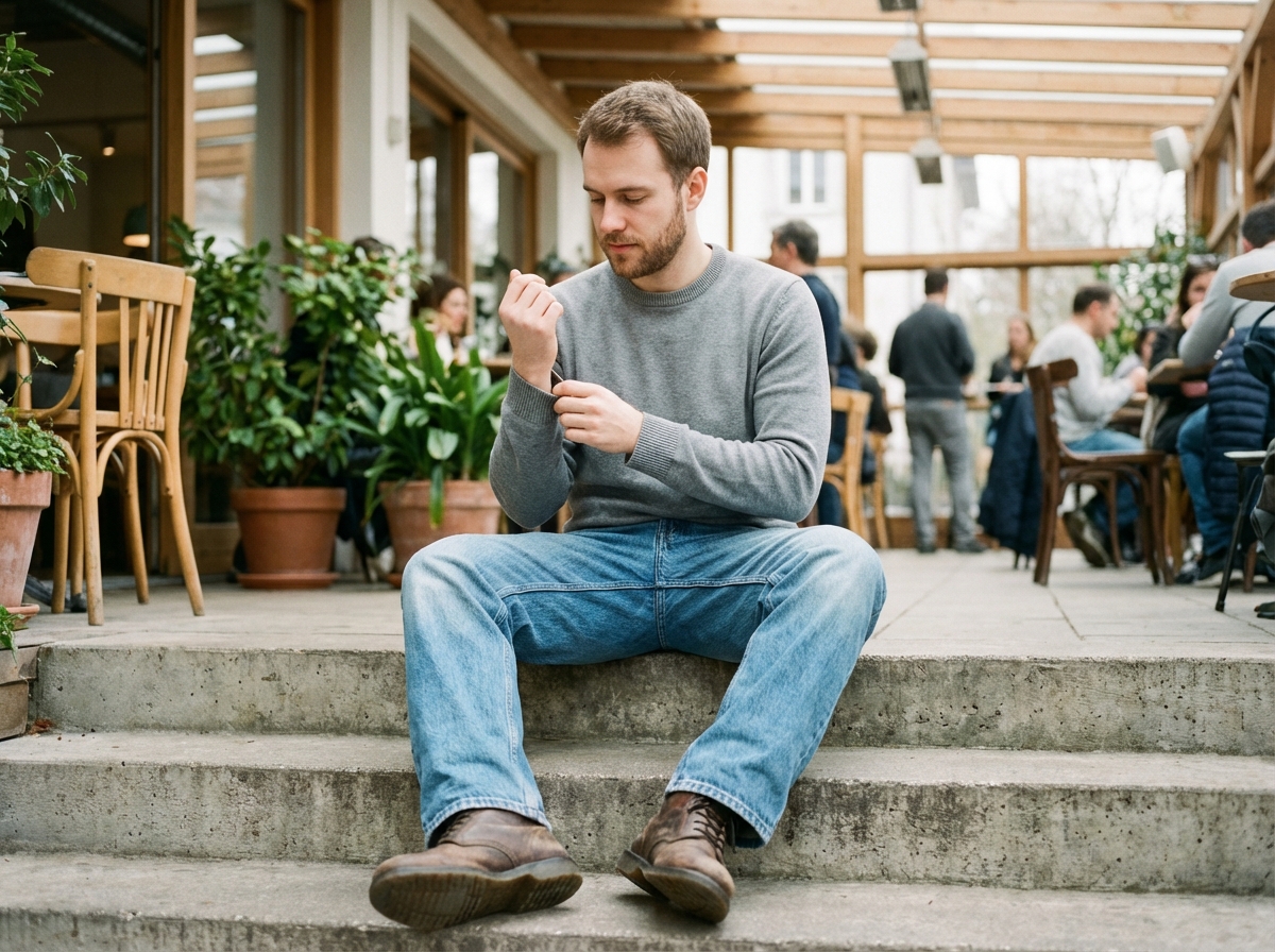 Homme en jeans décontractés sur une terrasse de café