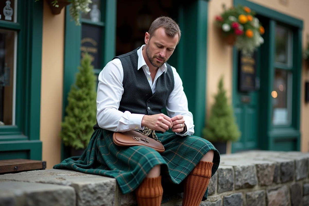 Homme en kilt irlandais vert assis devant un pub irlandais traditionnel, ajustant son sporran en cuir avec chaussettes de kilt en laine