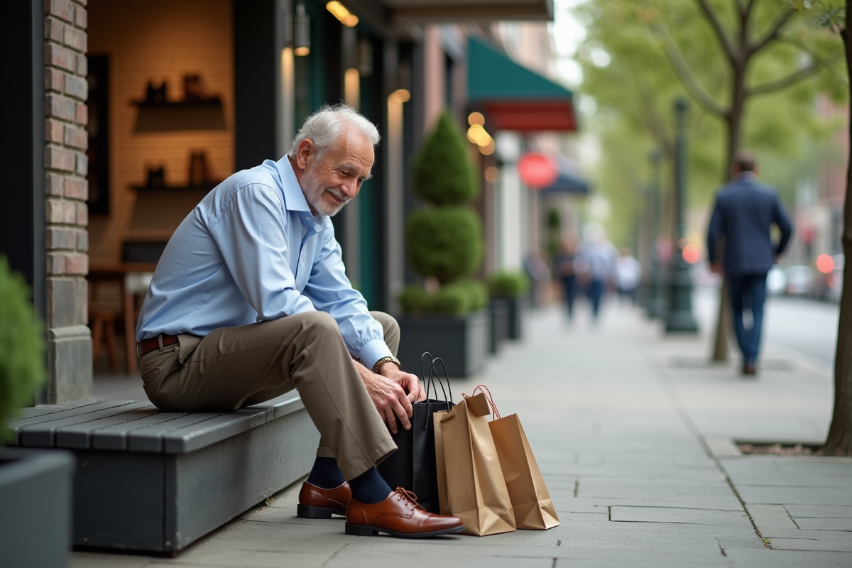 Homme âgé lacent des chaussures en ville