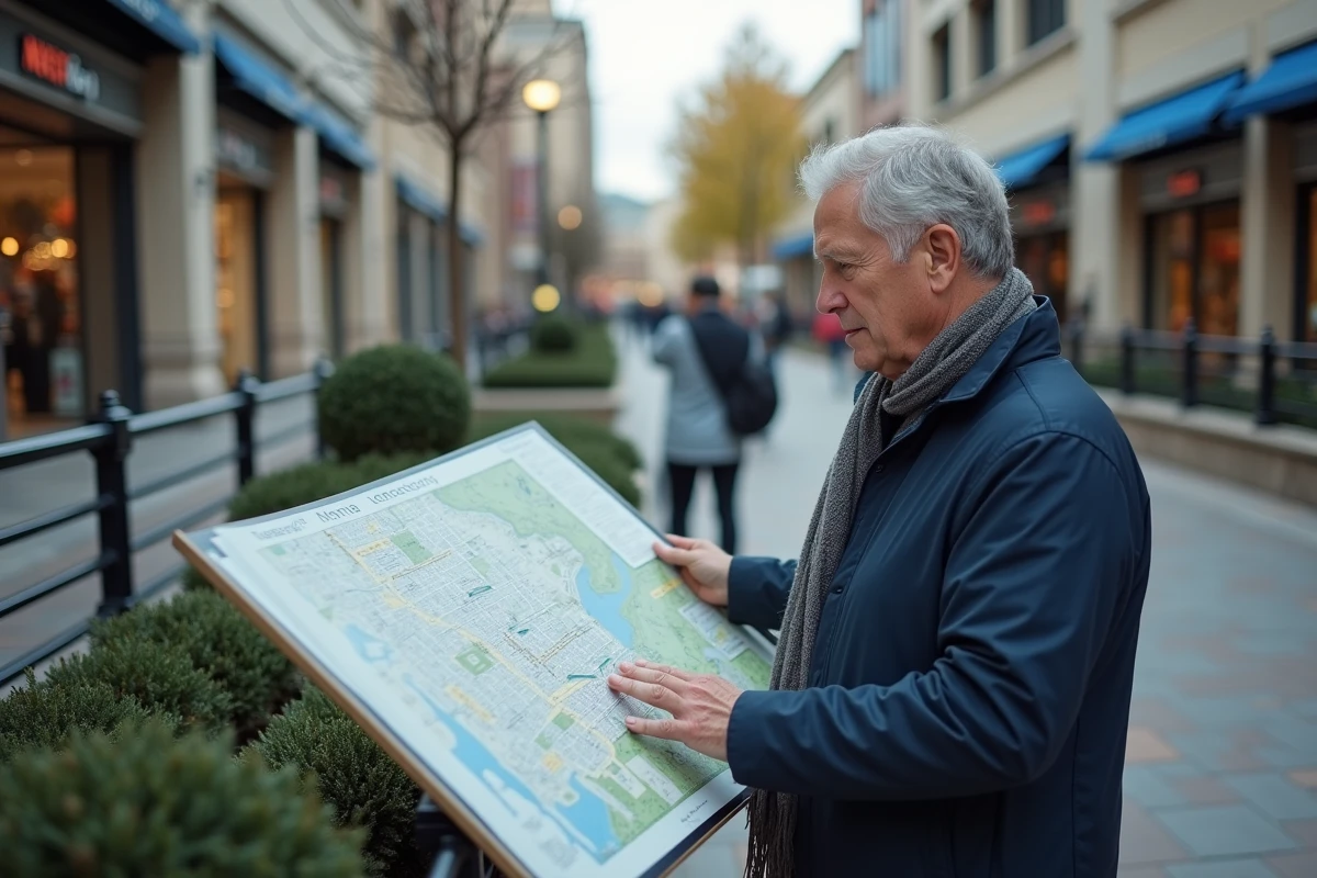 Homme consultat un plan dans un quartier commerçant