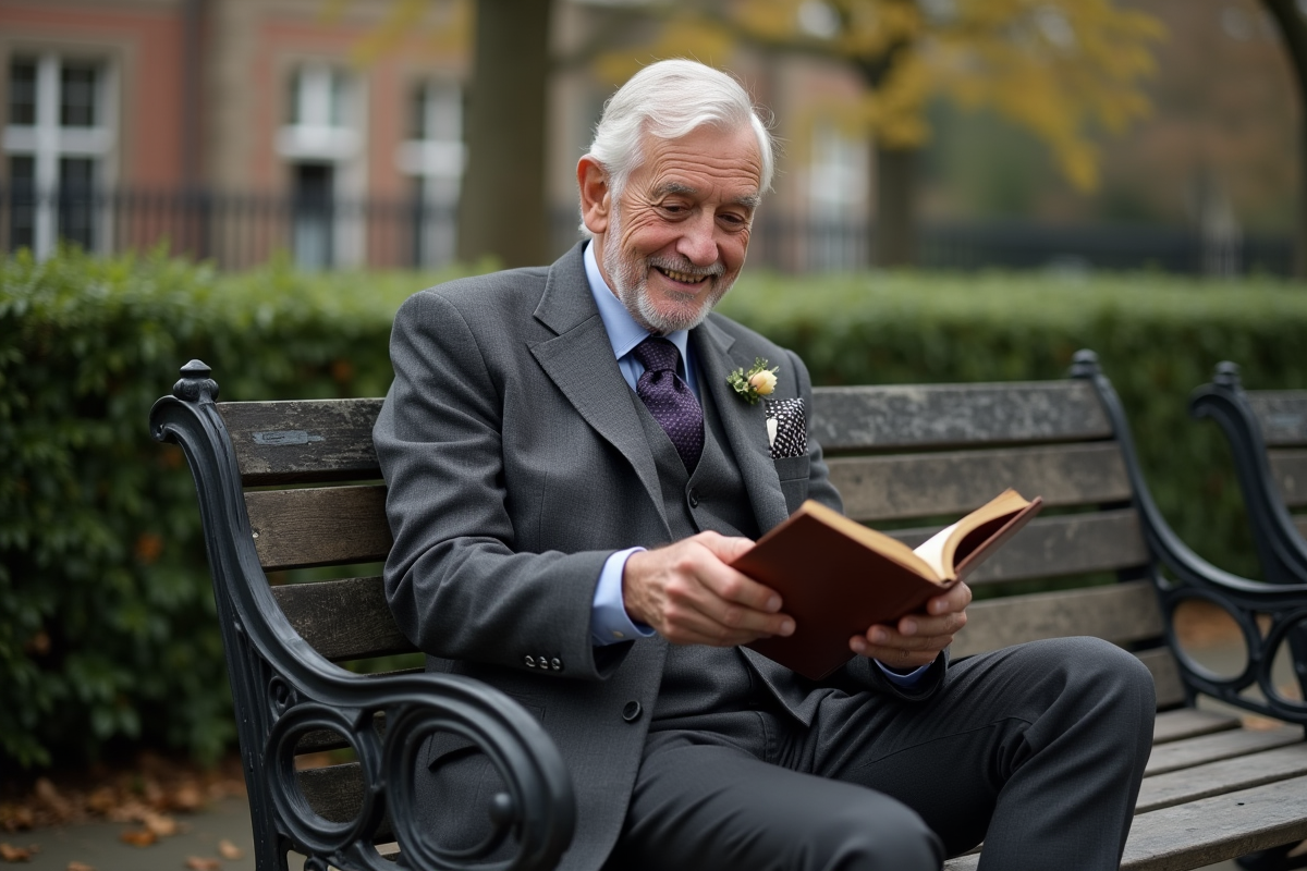 Homme âgé lisant dans un parc urbain élégant