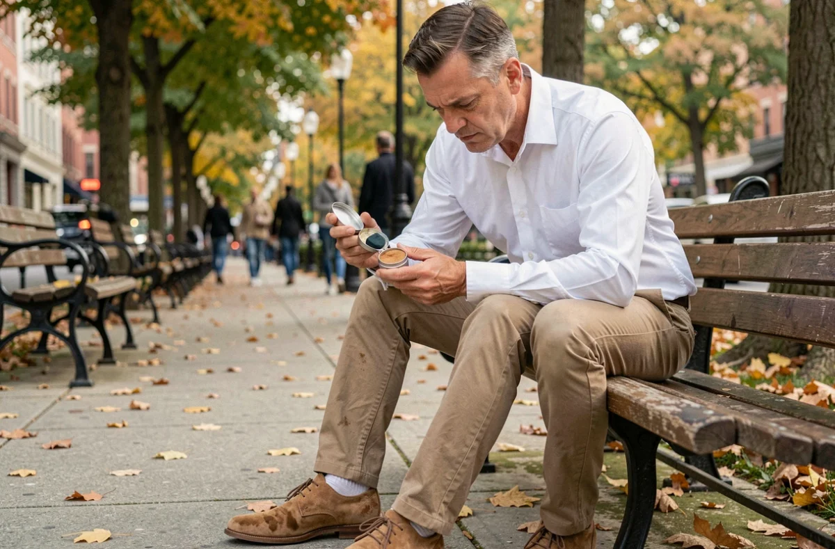 Homme utilisant une gomme nettoyante sur des chaussures en daim beige dans un parc urbain en automne