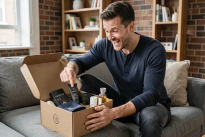 Homme ouvrant une box abonnement mensuelle sur son canapé, découvrant des produits de soin et accessoires de mode