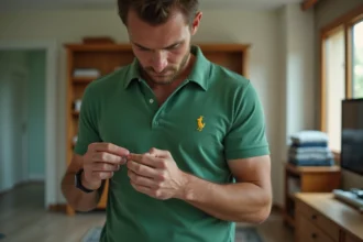 Homme examinant le logo brode sur son polo vert dans un salon