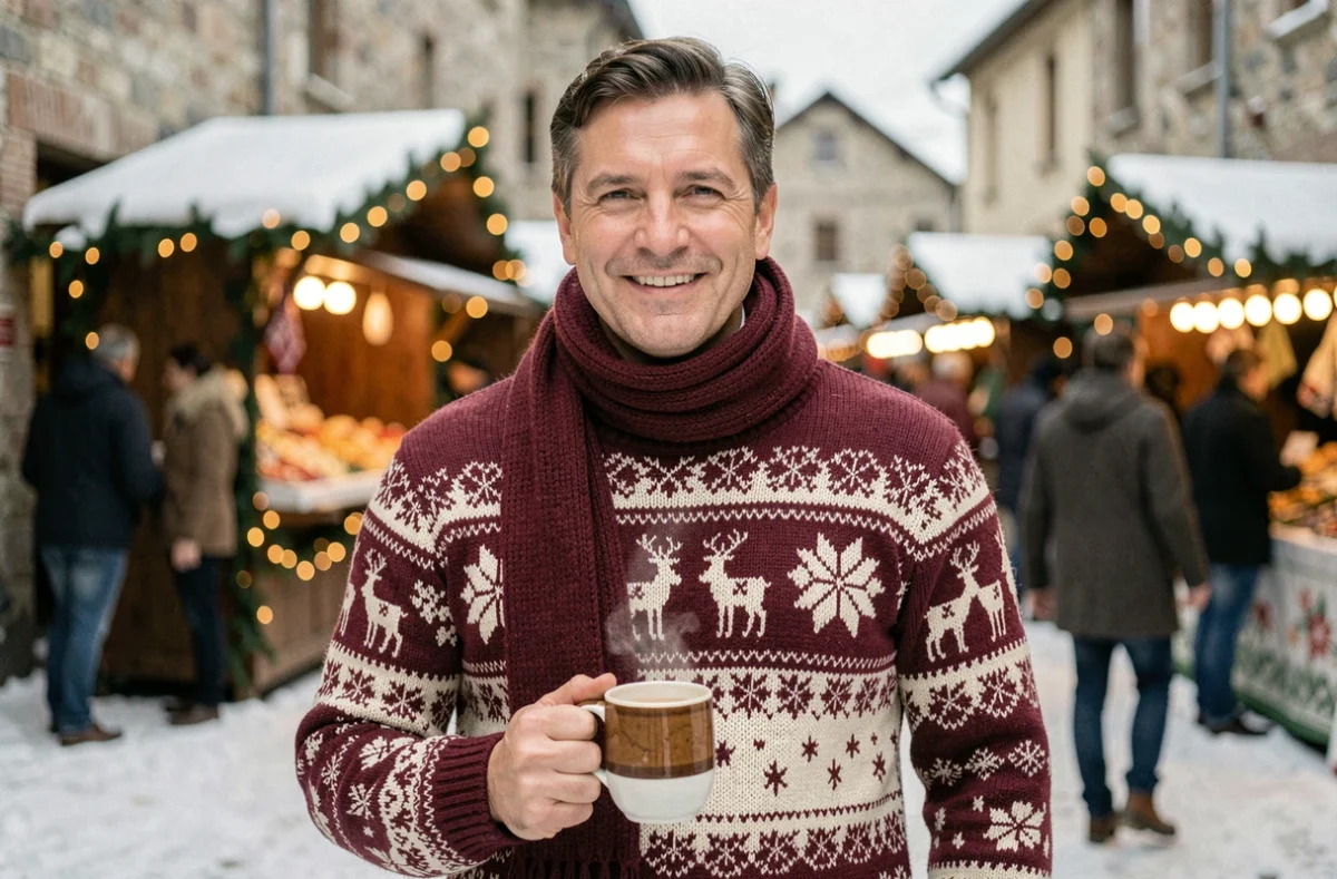 Homme portant un pull de Noël personnalisé avec motif nordique dans un marché de Noël enneigé