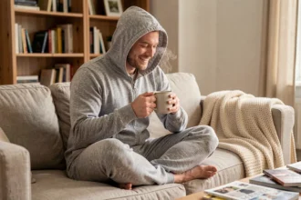 Homme en pyjama grenouillère gris sur canapé tenant une tasse de thé dans un salon cosy