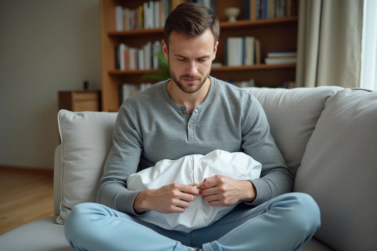 Homme retirant un antivol à encre d'une chemise blanche avec un élastique sur un canapé gris