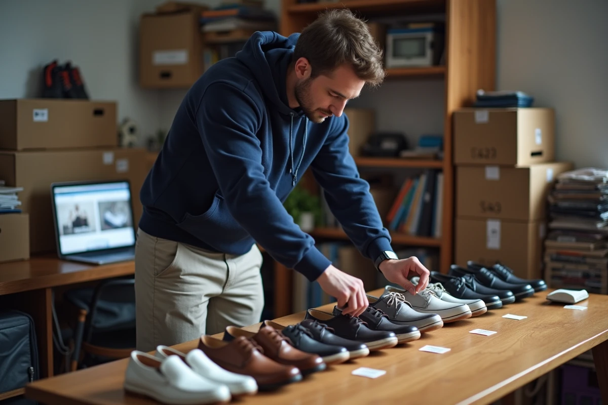 Homme préparant des chaussures trop grandes pour la revente en ligne