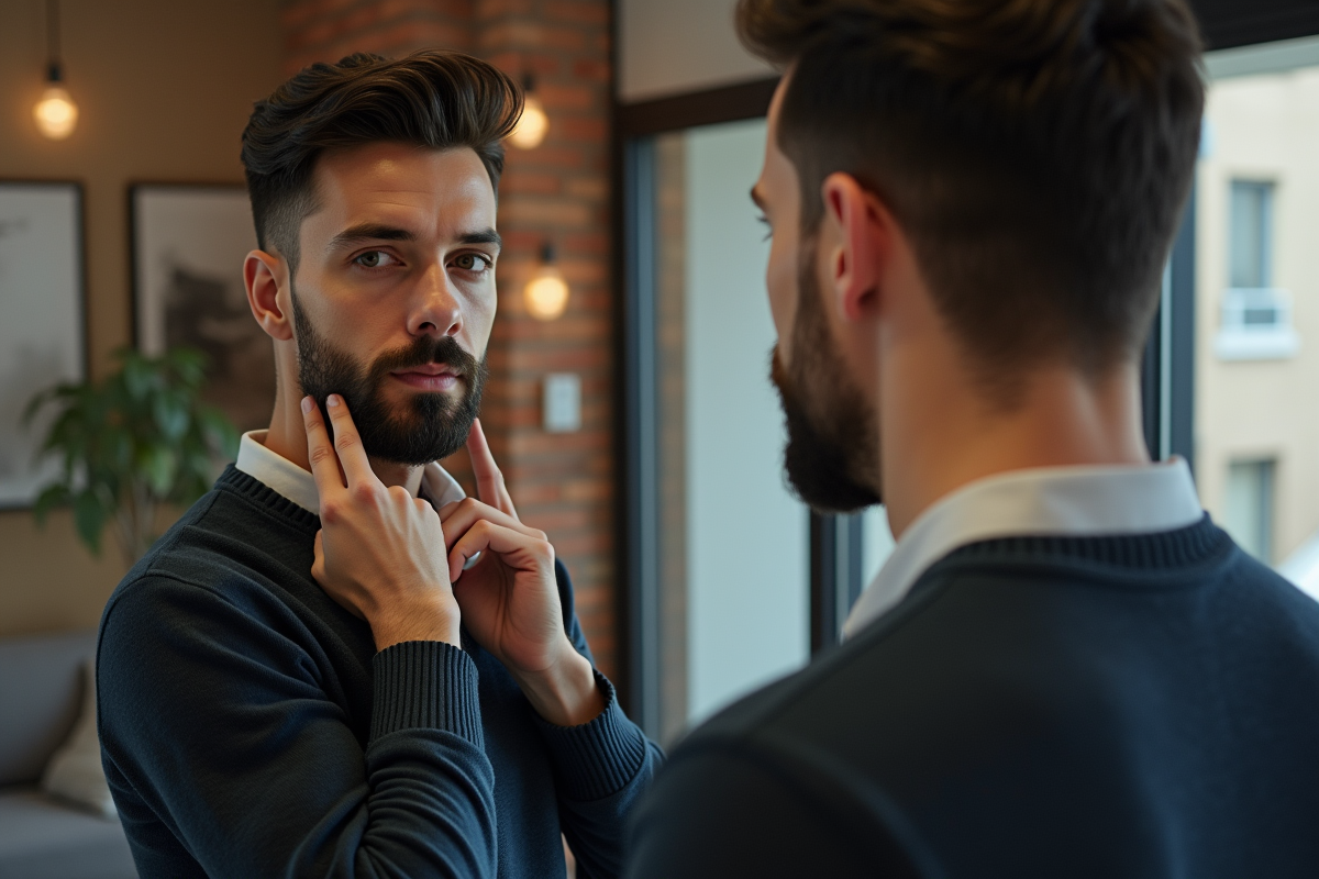 Homme sans barbe regardant son reflet dans une fenêtre
