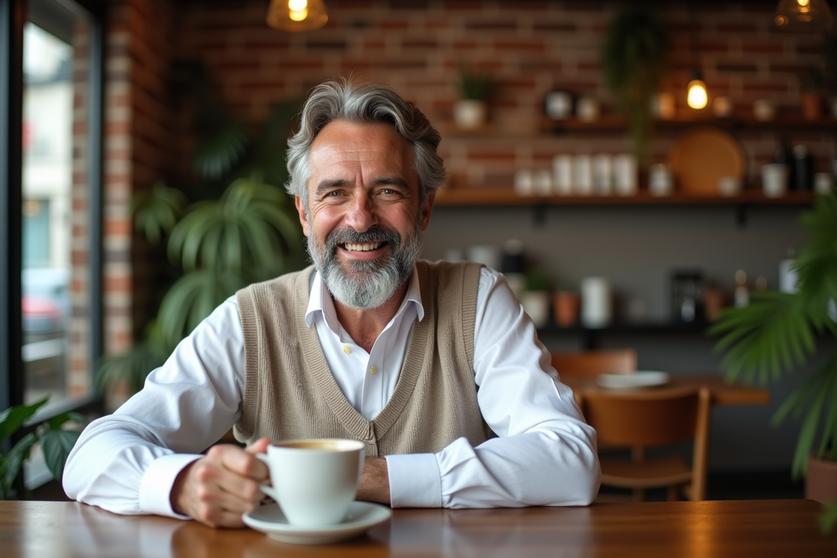 Homme mature souriant en buvant un cafe dans un cafe chaleureux