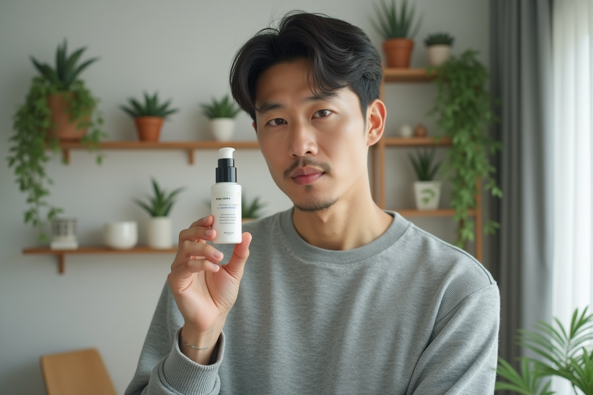 Homme coréen examinant un sérum dans un salon lumineux