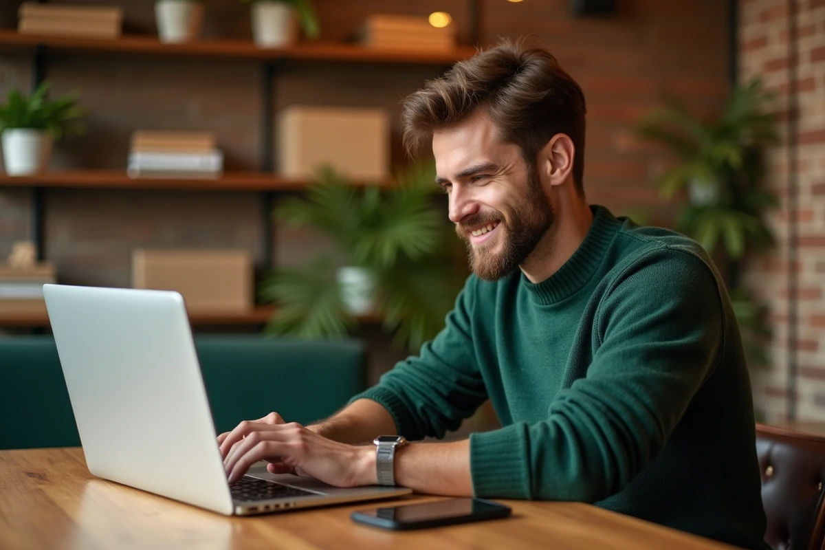 Homme faisant du shopping en ligne sur The Bradery depuis un café urbain, à la recherche de bons plans mode éthique et durable