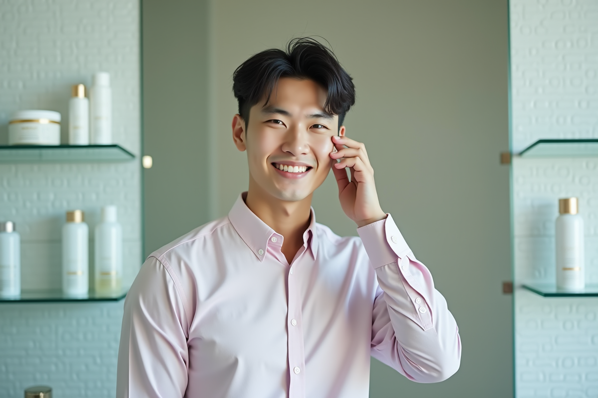 Homme koreen se reapant de toner dans une salle de bain moderne