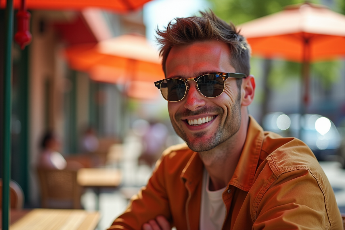 Homme souriant portant des lunettes de soleil en terrasse