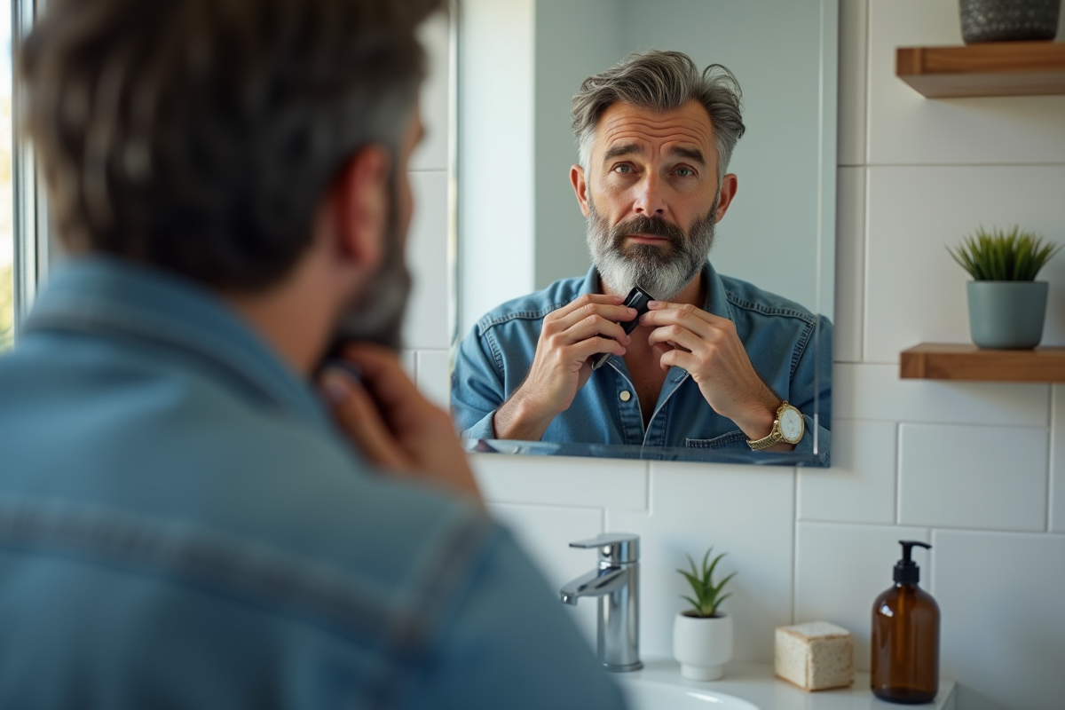 Homme d'âge moyen se rasant dans une salle de bain moderne