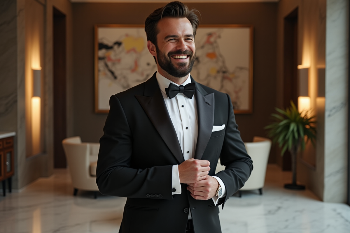 Homme élégant en tuxedo dans un lounge sophistiqué