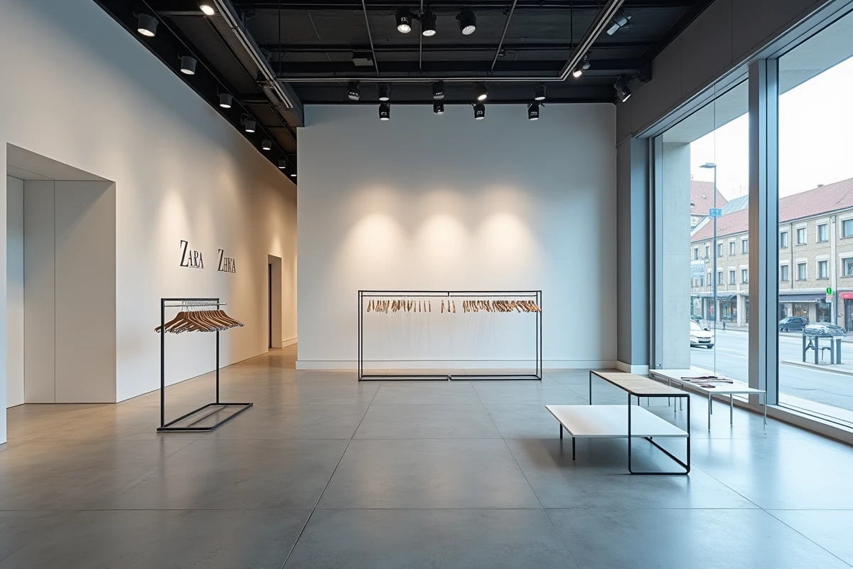Intérieur vide d'une boutique Zara en cours de fermeture définitive avec portants abandonnés et sol en béton poli