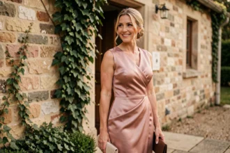 Femme de plus de 40 ans élégamment habillée en robe midi rose pour un mariage, posant devant un domaine en pierre