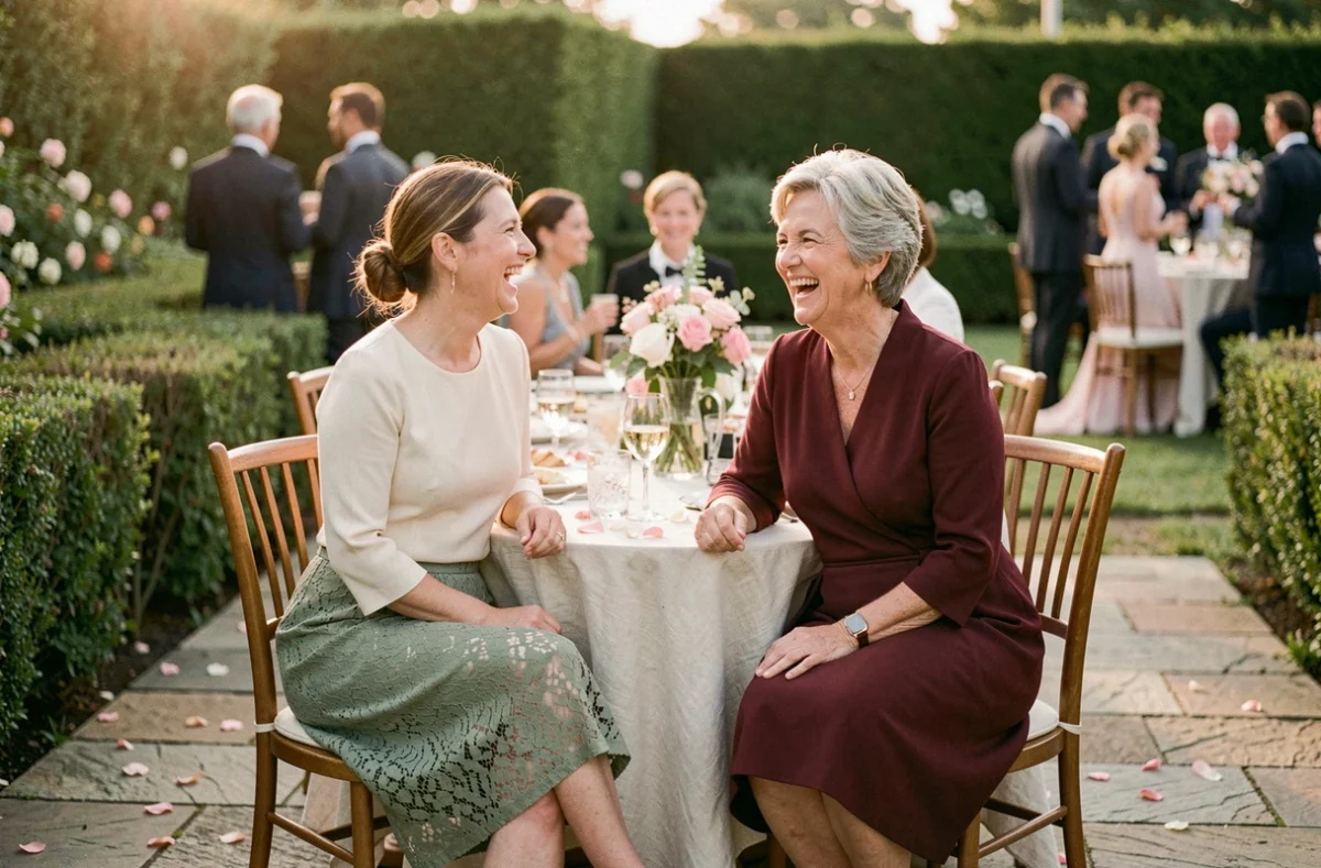 Deux femmes invitées à un mariage après 40 ans, habillées avec style en tenues modernes lors d'un cocktail en jardin