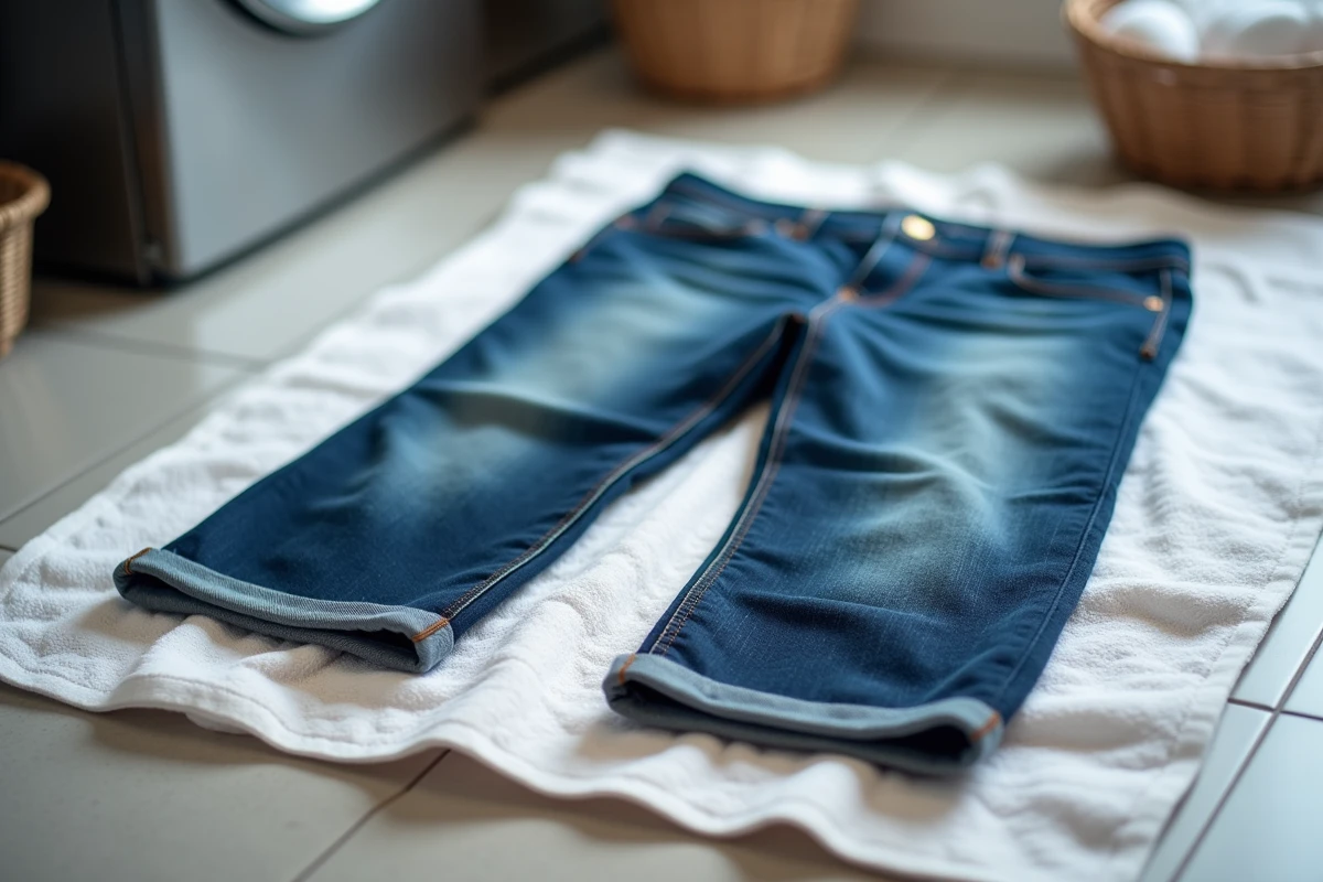 Jean en denim posé à plat sur une serviette blanche dans une buanderie pour sécher et rétrécir naturellement sans produits chimiques