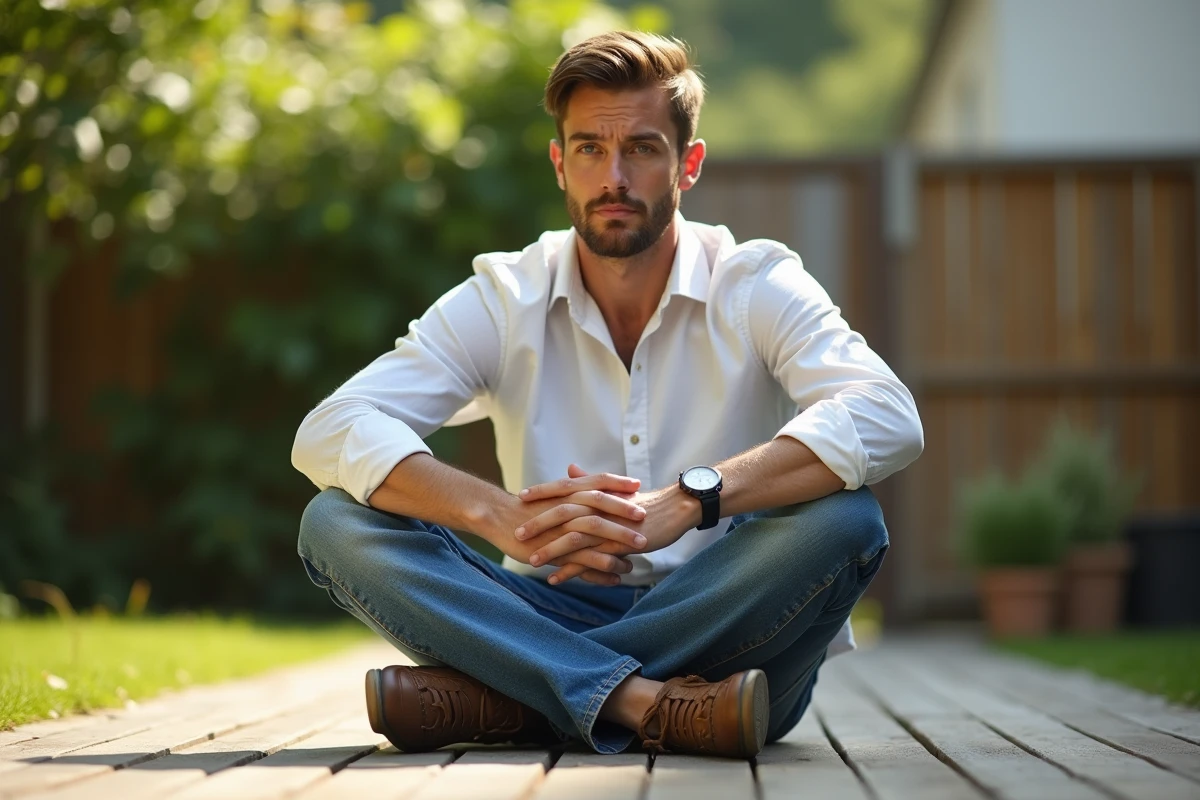 Homme portant un jean en denim brut humide qui sèche naturellement à l'air libre sur une terrasse en bois, méthode naturelle pour faire rétrécir le jean
