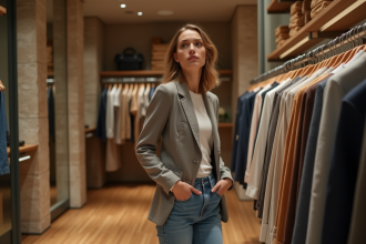 Jeune femme élégante dans une boutique parisienne chic