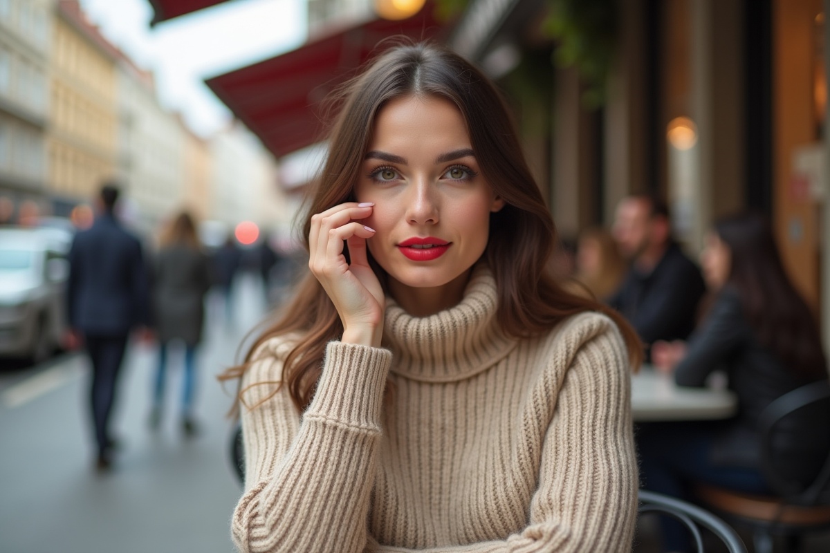 Jeune femme réappliquant du rouge à lèvres en extérieur