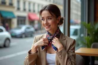 Jeune femme élégante portant une écharpe en soie autour du cou