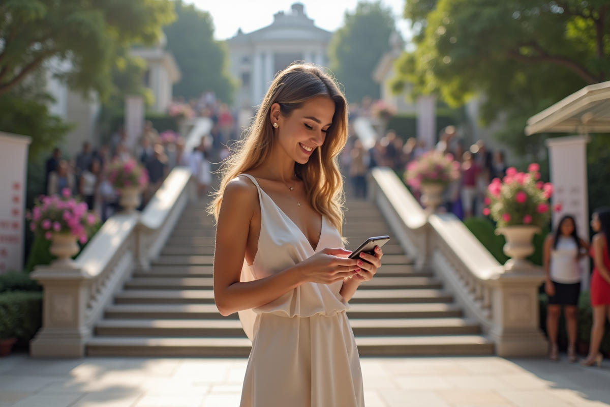 Jeune femme élégante vérifiant invitation mode en extérieur
