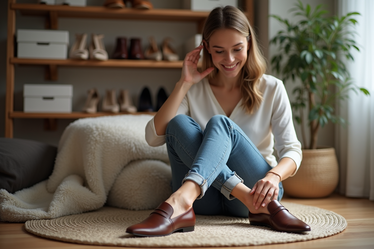 Jeune femme essayant des chaussures en intérieur