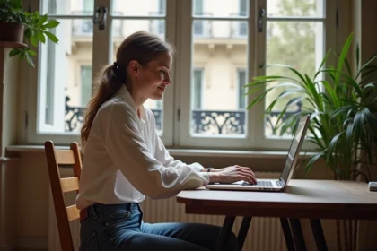 Jeune femme française travaillant sur son ordinateur dans un appartement parisien