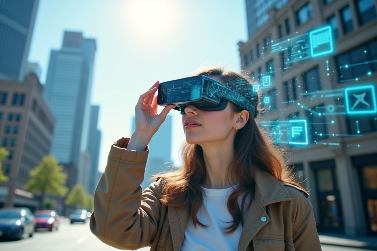 Jeune femme avec lunettes de réalité augmentée en ville