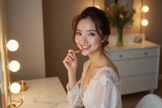 Jeune femme en robe blanche appliquant du lipstick dans un intérieur élégant