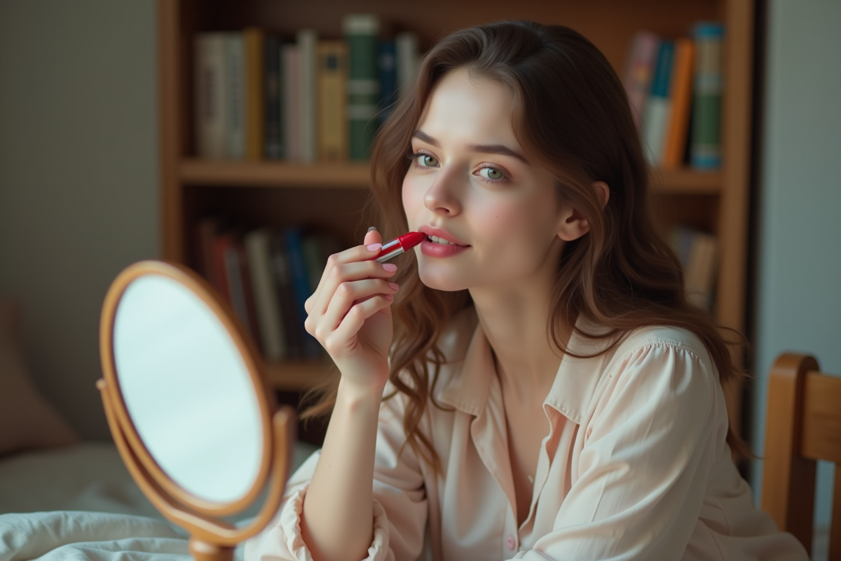 Jeune femme appliquant rouge à lèvres rouge en miroir