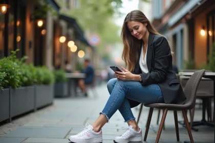 Jeune femme en blazer et sneakers dans un café urbain