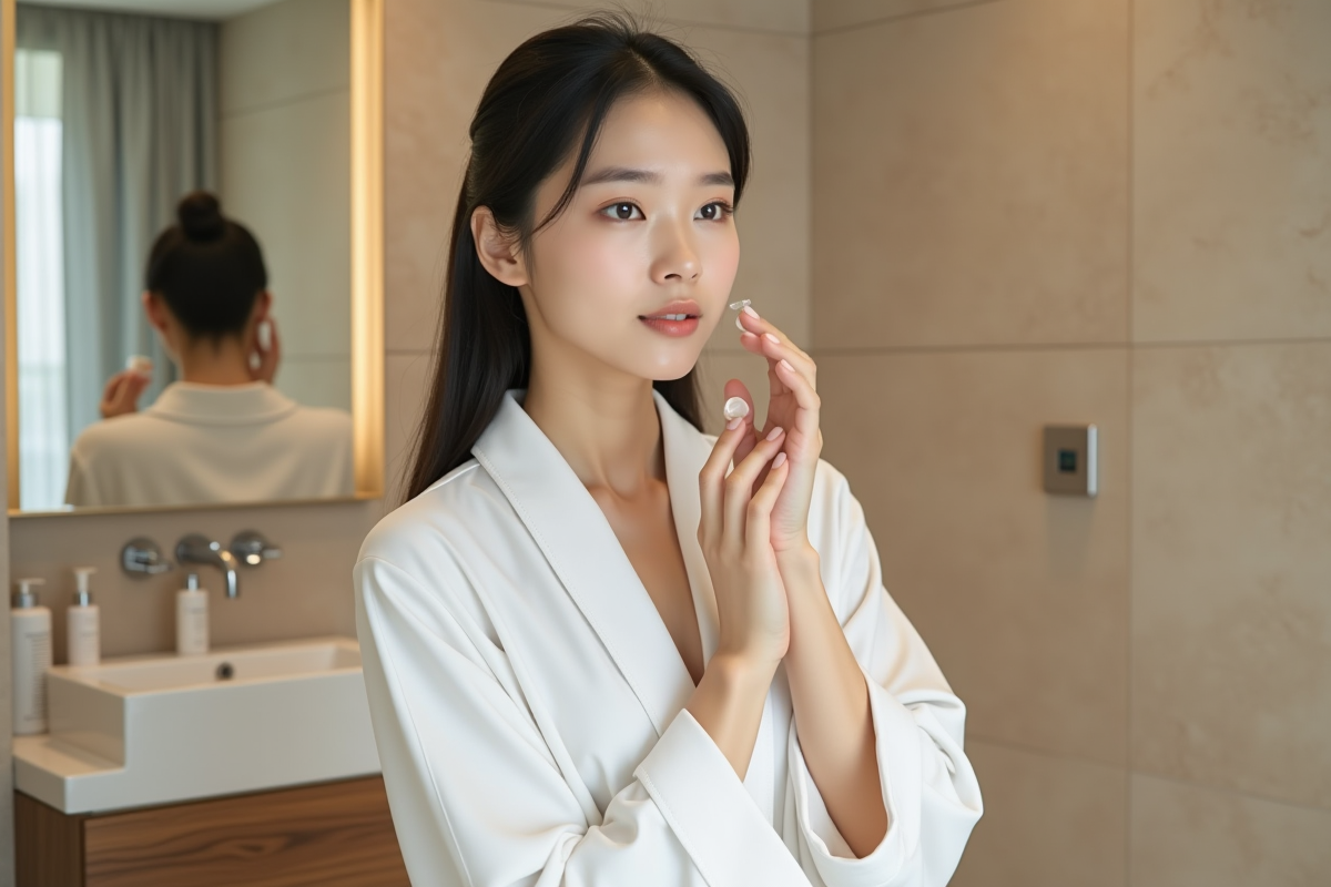 Jeune femme coréenne appliquant une essence visage dans la salle de bain