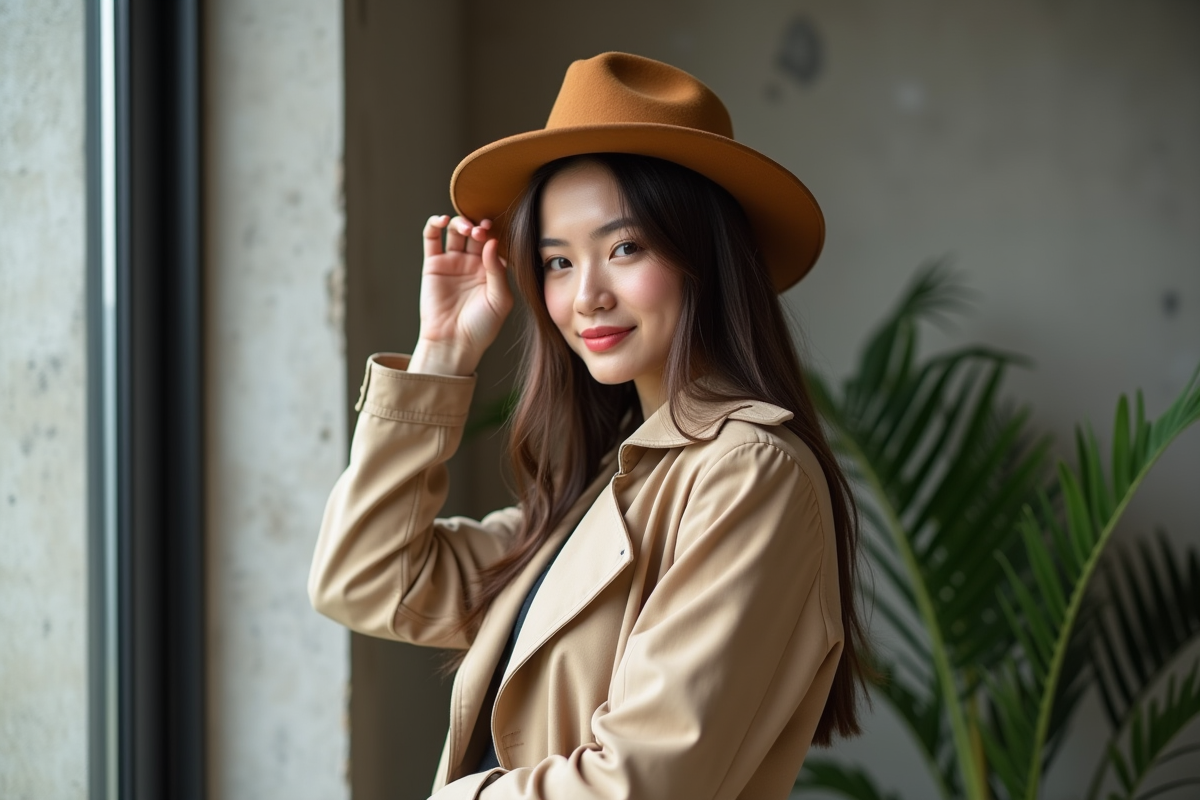 Jeune femme élégante en trench beige et chapeau felt