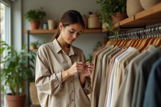Jeune femme examinant une étiquette de coton dans boutique écologique